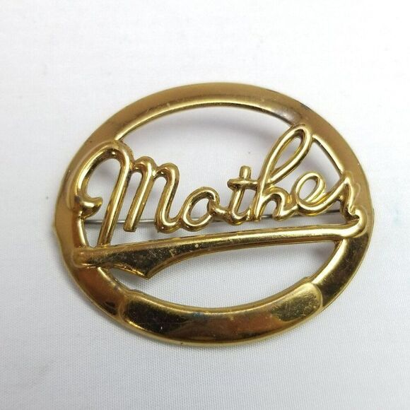 Vintage Mother Brooch, Gold Tone Oval Shape Cursive Font Spell Out Brooch Pin - Picture 5 of 6